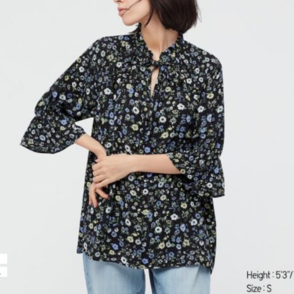 Uniqlo x Paul & Joe Floral Blouse with frill sleeves and ribbon neck tie - Small